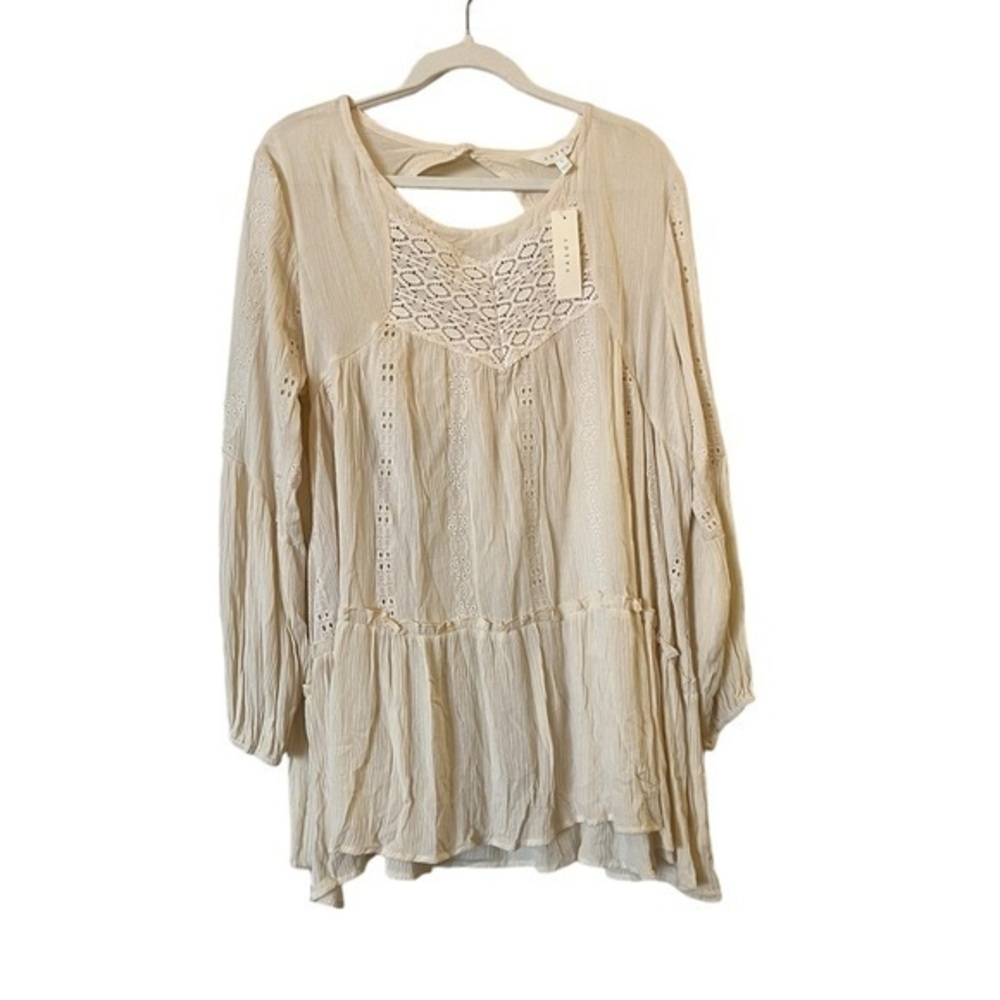 NWT ADIVA Cream Long Sleeve Eyelet & Lace Gauze Blouse w/ Cutout Back